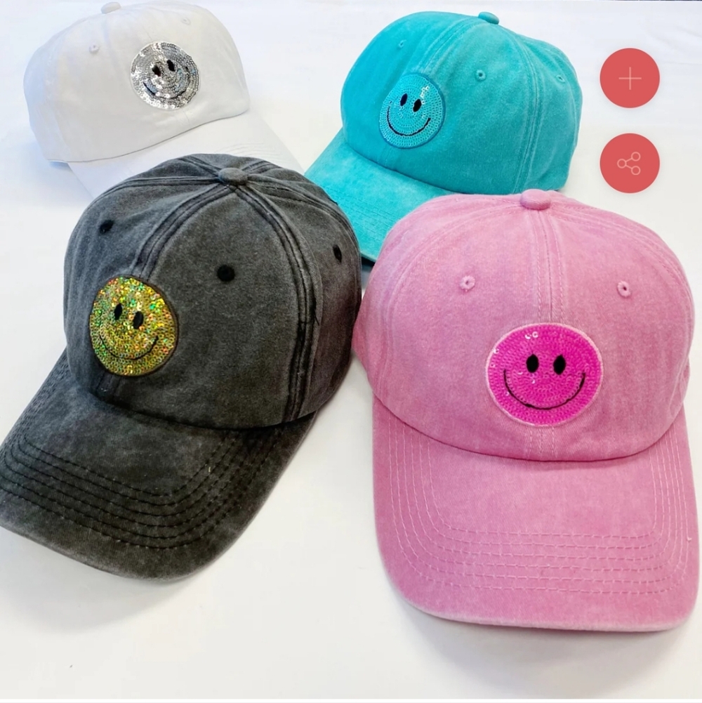 Women's Smiley Face Baseball Hat Black Wash Sequin Patch Adjustable
